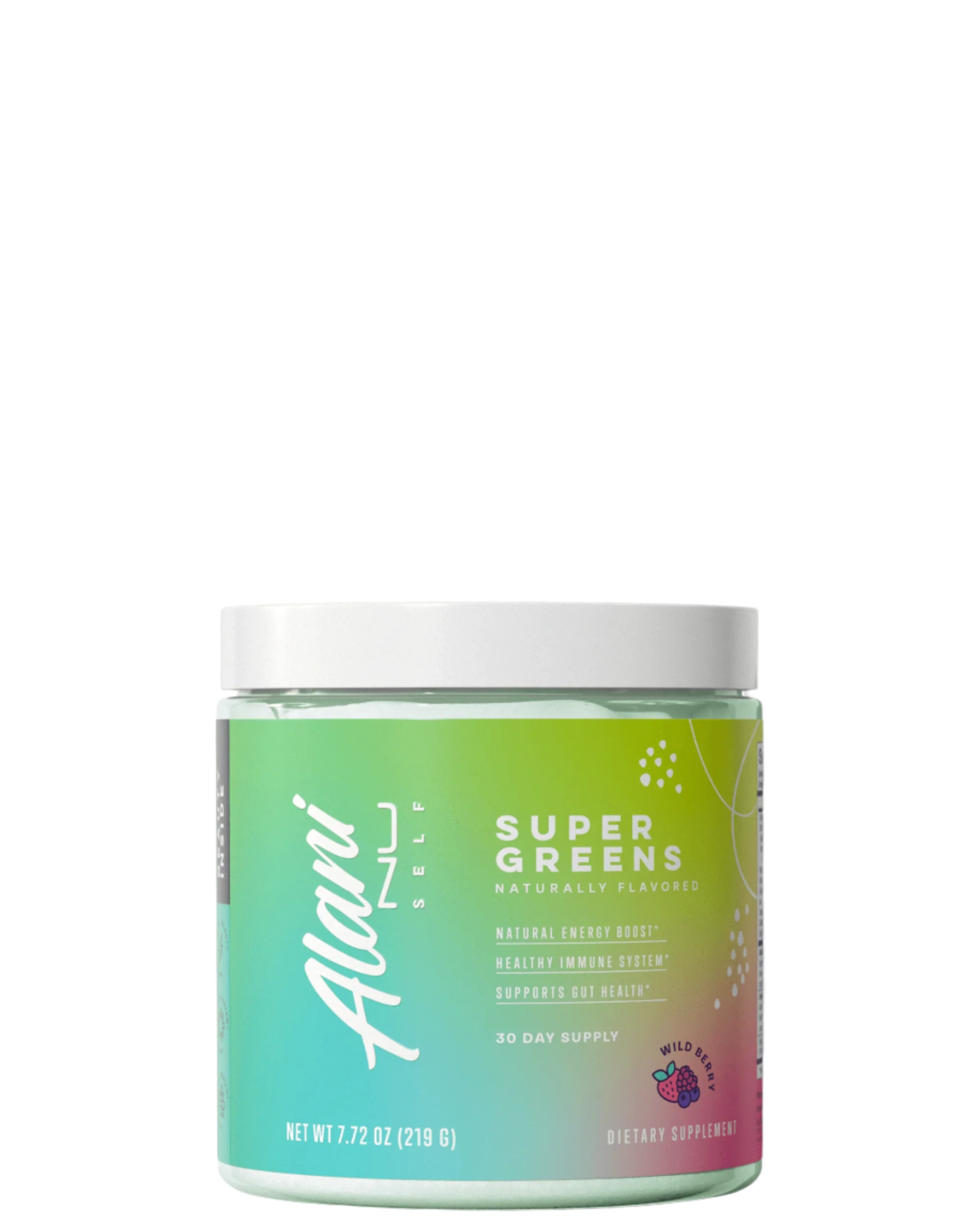 A container of Alani Nu Super Greens powder with natural fruit flavors, featuring a colorful label with green, blue, and pink hues.