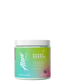 A container of Alani Nu Super Greens powder with natural fruit flavors, featuring a colorful label with green, blue, and pink hues.