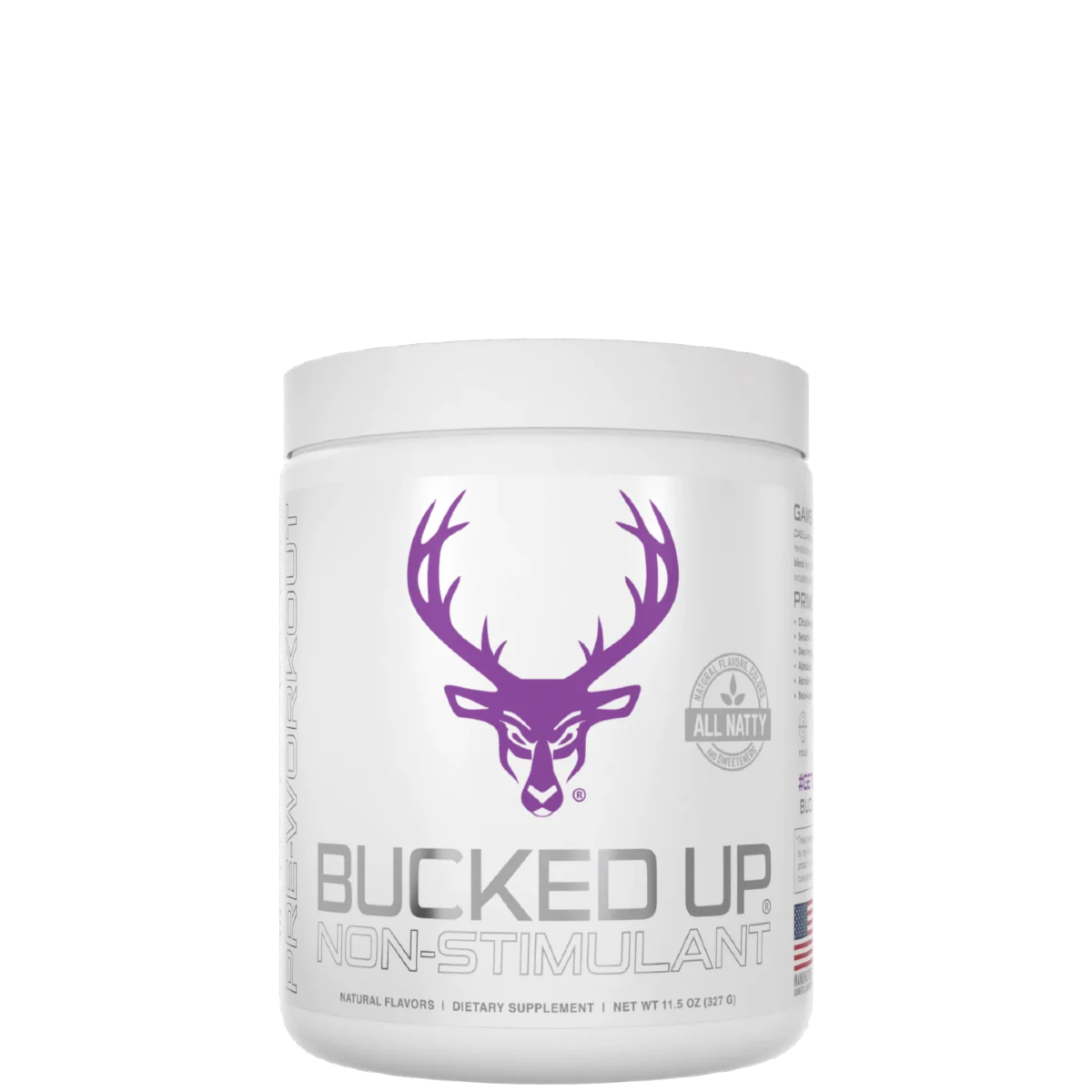 A container of Bucked Up Non-Stimulant Pre-Workout supplement with a white background and a purple logo of a deer head