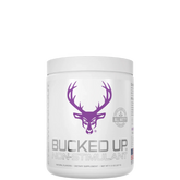 A container of Bucked Up Non-Stimulant Pre-Workout supplement with a white background and a purple logo of a deer head