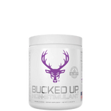 A container of Bucked Up Non-Stimulant Pre-Workout supplement with a white background and a purple logo of a deer head