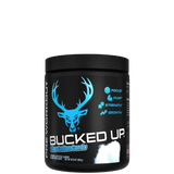 A container of Bucked Up Pre-Workout supplement with a black background featuring a white silhouette of a deer and text indicating the product name and flavor, along with icons suggesting energy and focus.