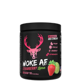 A container of Woke AF pre-workout supplement with a colorful design featuring a deer head and text indicating high stimulant.