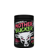 A container of Mother Bucker Pre-Workout supplement with a colorful graphic design.