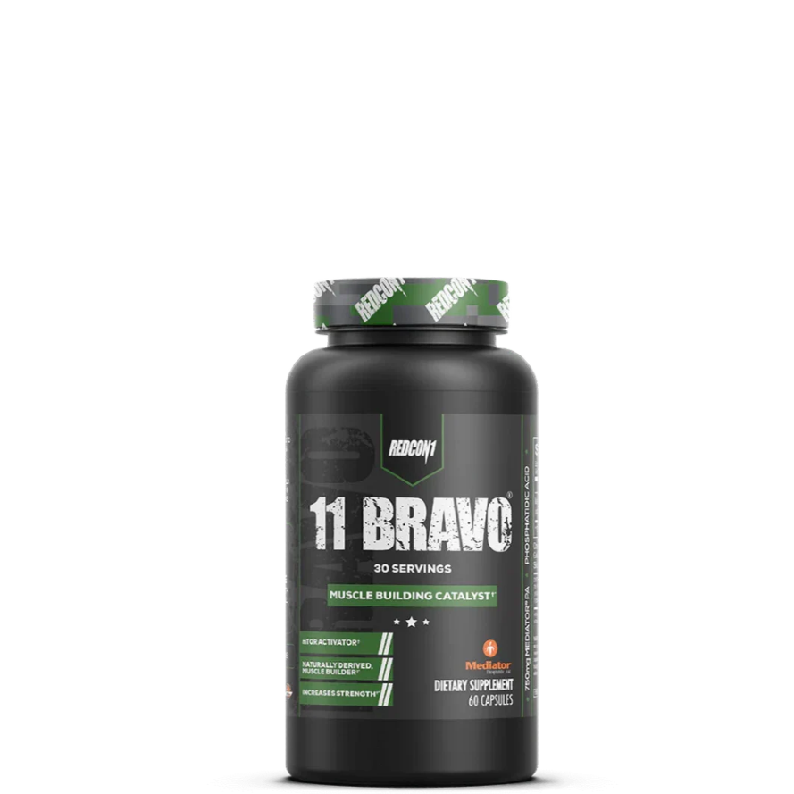 A container of Redcon1's 11 BRAVO supplement, which is a natural anabolic product made of phosphatidic acid.
