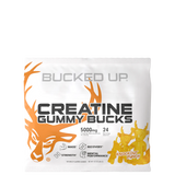 A package of Bucked Up Creatine Gummies with a white and orange color scheme, featuring a silhouette of a deer and text that reads 'Creatine Gummy Bucks' along with '5000mg' and '24' which likely indicates the dosage and quantity.