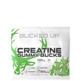 A package of Bucked Up Creatine Gummies with a white and green color scheme, featuring a silhouette of a deer and text that reads 'Creatine Gummy Bucks' along with '5000mg' and '24' which likely indicates the dosage and quantity.