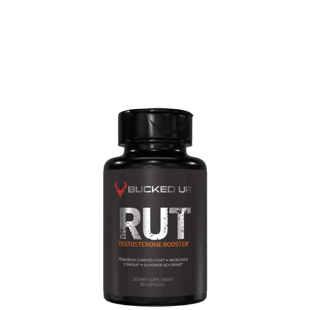 A black bottle of RUT Testosterone Booster by Bucked Up, with a label that includes the product name and the number of capsules inside.