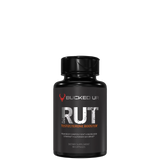 A black bottle of RUT Testosterone Booster by Bucked Up, with a label that includes the product name and the number of capsules inside.