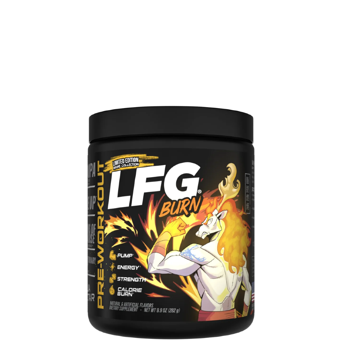 A container of LFG Burn Thermogenic Pre-Workout with a colorful graphic design featuring a character and text.