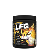 A container of LFG Burn Thermogenic Pre-Workout with a colorful graphic design featuring a character and text.