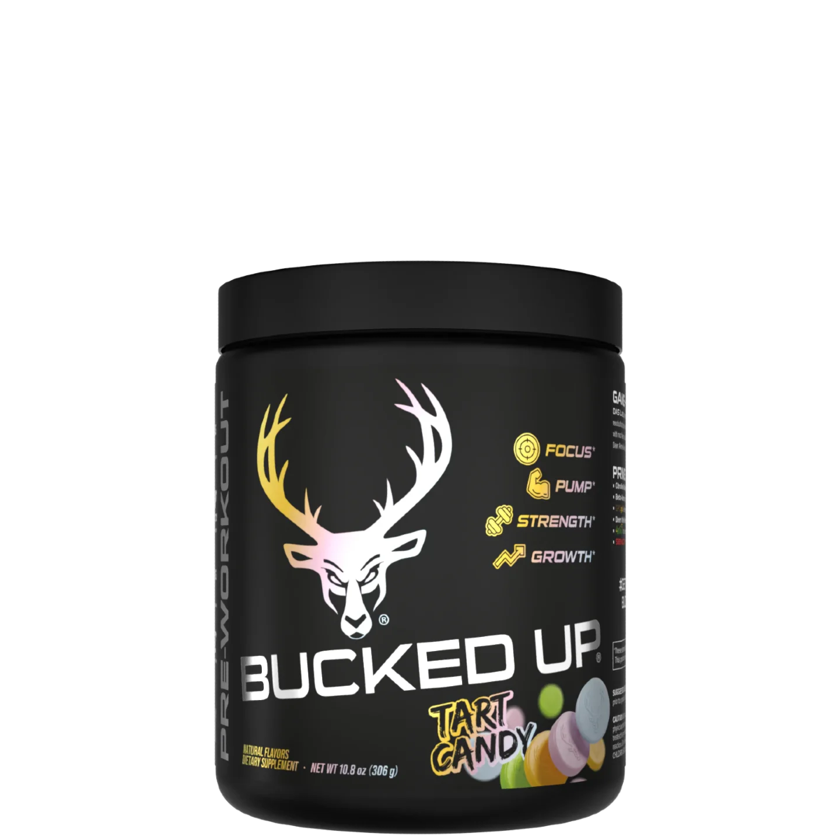 A container of Bucked Up Pre-Workout supplement with a black background featuring a white silhouette of a deer and text indicating the product name and flavor, along with icons suggesting energy and focus.