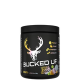 A container of Bucked Up Pre-Workout supplement with a black background featuring a white silhouette of a deer and text indicating the product name and flavor, along with icons suggesting energy and focus.