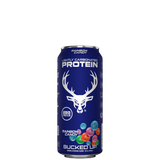 A case of Bucked Up protein drinks, with a variety of colors, placed in a white box with the Bucked Up logo.