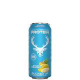 A case of Bucked Up protein drinks, with a variety of colors, placed in a white box with the Bucked Up logo.