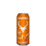 A case of Bucked Up protein drinks, with a variety of colors, placed in a white box with the Bucked Up logo.