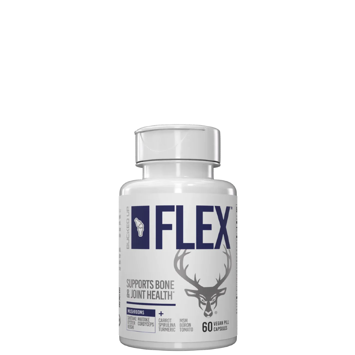 A bottle of Flex bone and joint support supplement with a label featuring a deer head and the text 'supports bone & joint health'.