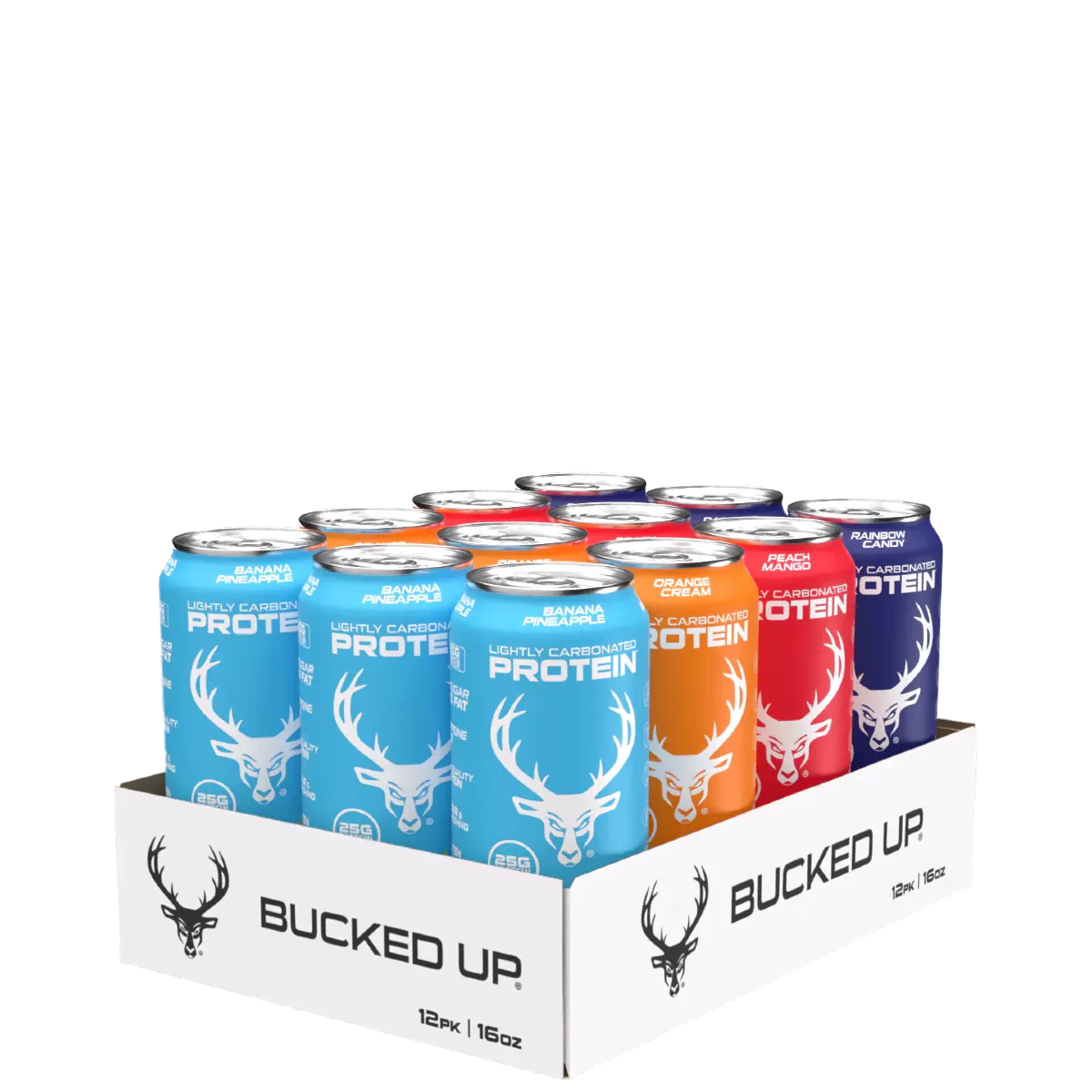 A case of Bucked Up protein drinks, with a variety of colors, placed in a white box with the Bucked Up logo.