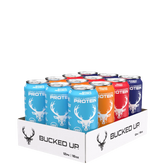 A case of Bucked Up protein drinks, with a variety of colors, placed in a white box with the Bucked Up logo.