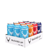 A case of Bucked Up protein drinks, with a variety of colors, placed in a white box with the Bucked Up logo.