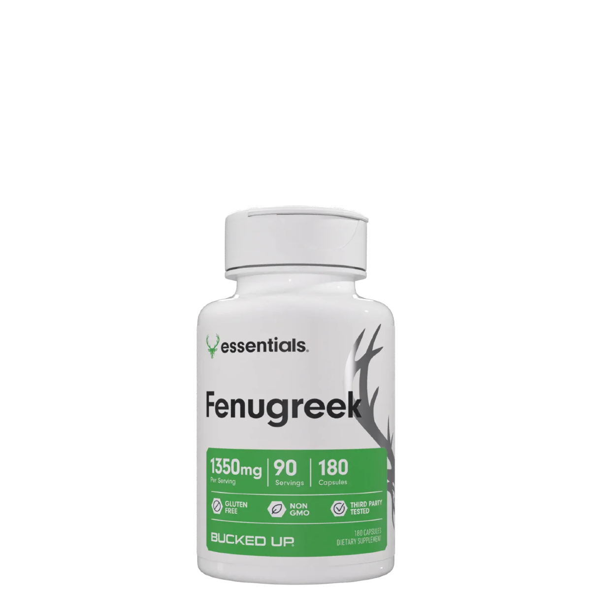 A bottle of Fenugreek supplement capsules with the brand logo and product information displayed on the label.