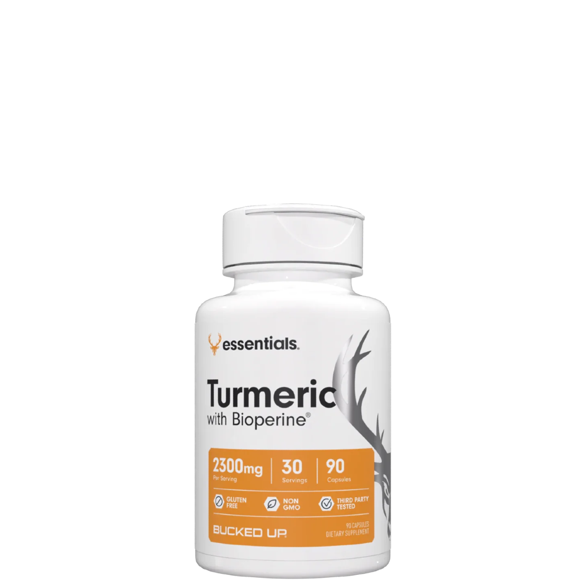 A bottle of Turmeric with Bioperine supplement, with branding and dosage information on the label.