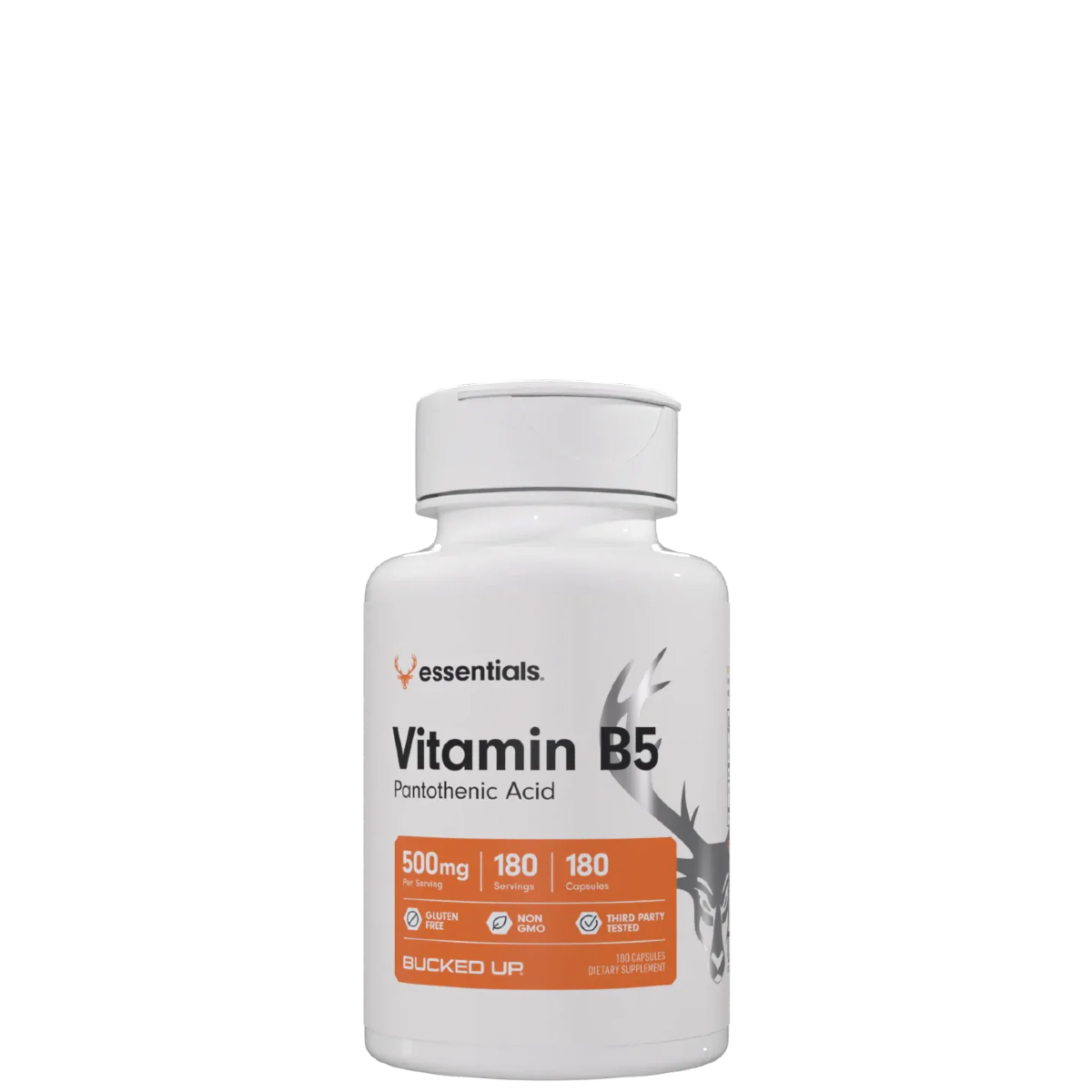 A bottle of essentials Vitamin B5 Pantothenic Acid supplement with 500mg dosage, 180 capsules per bottle.