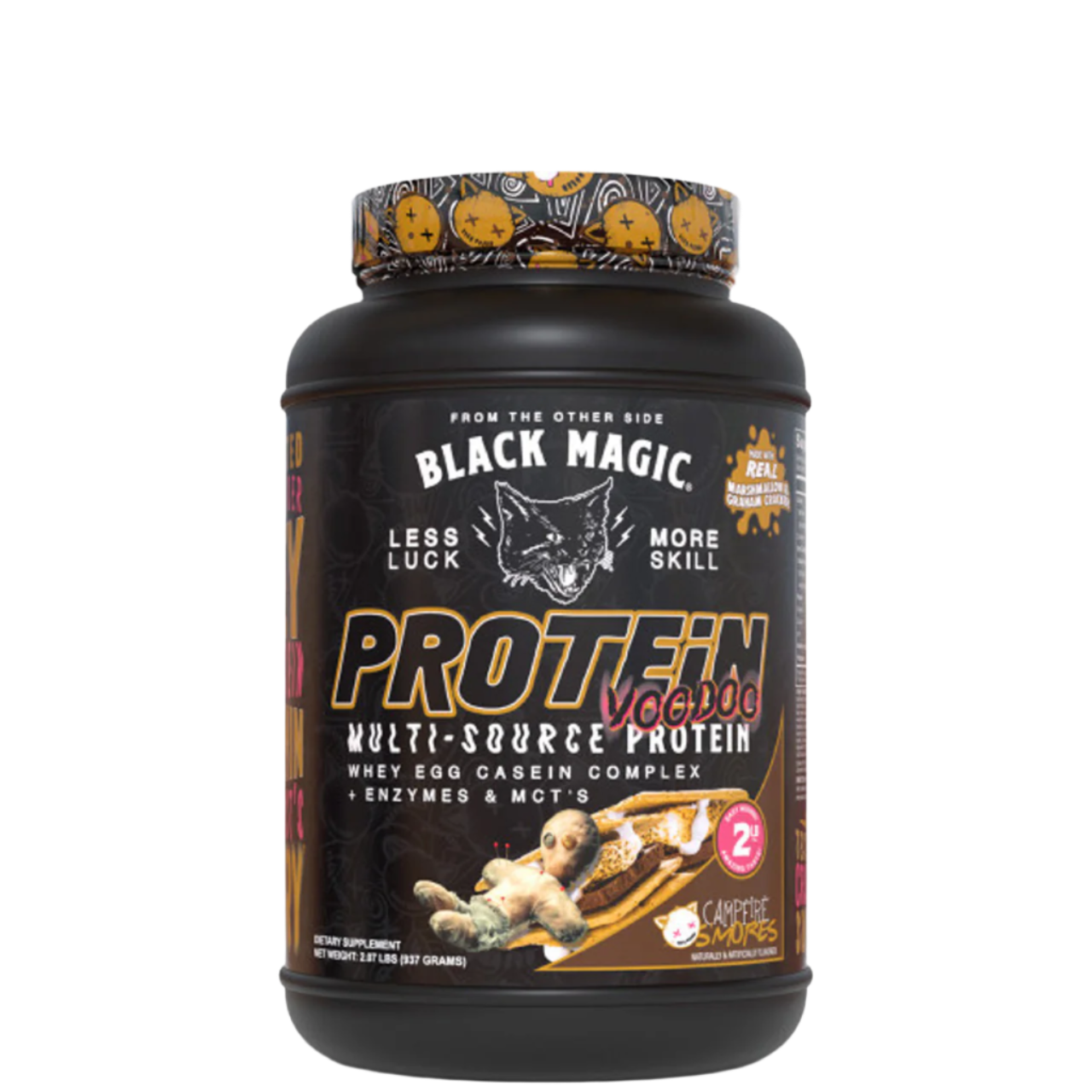 A container of Black Magic Supply Multi-Source Protein powder with a label showing the product name and an image of a shaker cup with the same brand.