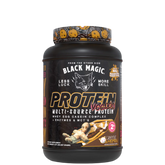 A container of Black Magic Supply Multi-Source Protein powder with a label showing the product name and an image of a shaker cup with the same brand.