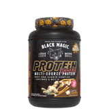 A container of Black Magic Supply Multi-Source Protein powder with a label showing the product name and an image of a shaker cup with the same brand.