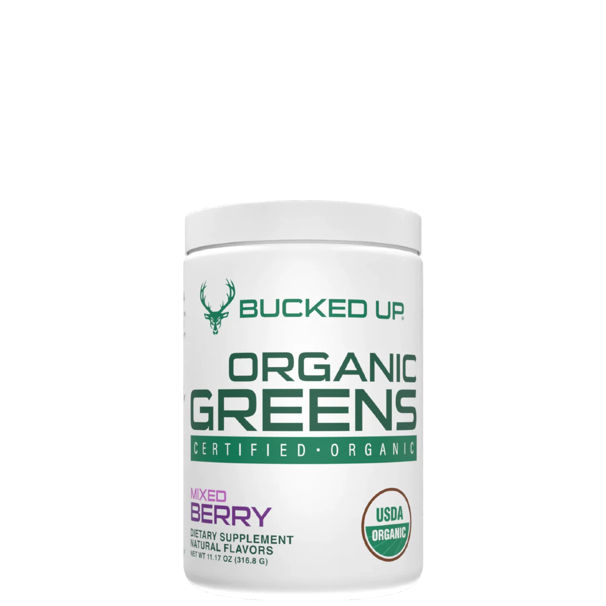 A container of Bucked Up Organic Greens supplement with mixed berry flavor, certified organic by the USDA.