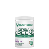 A container of Bucked Up Organic Greens supplement with mixed berry flavor, certified organic by the USDA.