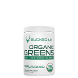 A container of Bucked Up Organic Greens supplement with mixed berry flavor, certified organic by the USDA.
