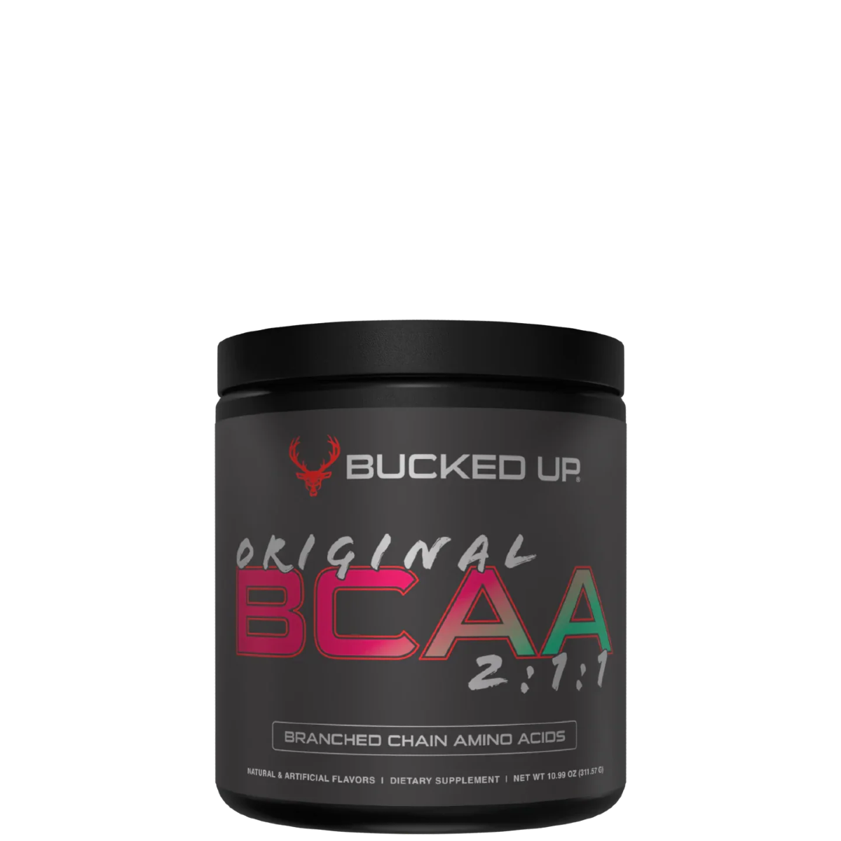 A container of Bucked Up Original BCAA supplement powder with the text 'BRANCHED CHAIN AMINO ACIDS' and the ratio '2:1:1' displayed on the front.