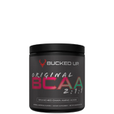 A container of Bucked Up Original BCAA supplement powder with the text 'BRANCHED CHAIN AMINO ACIDS' and the ratio '2:1:1' displayed on the front.