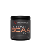 A container of Bucked Up Original BCAA supplement powder with the text 'BRANCHED CHAIN AMINO ACIDS' and the ratio '2:1:1' displayed on the front.