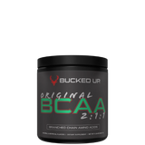 A container of Bucked Up Original BCAA supplement powder with the text 'BRANCHED CHAIN AMINO ACIDS' and the ratio '2:1:1' displayed on the front.