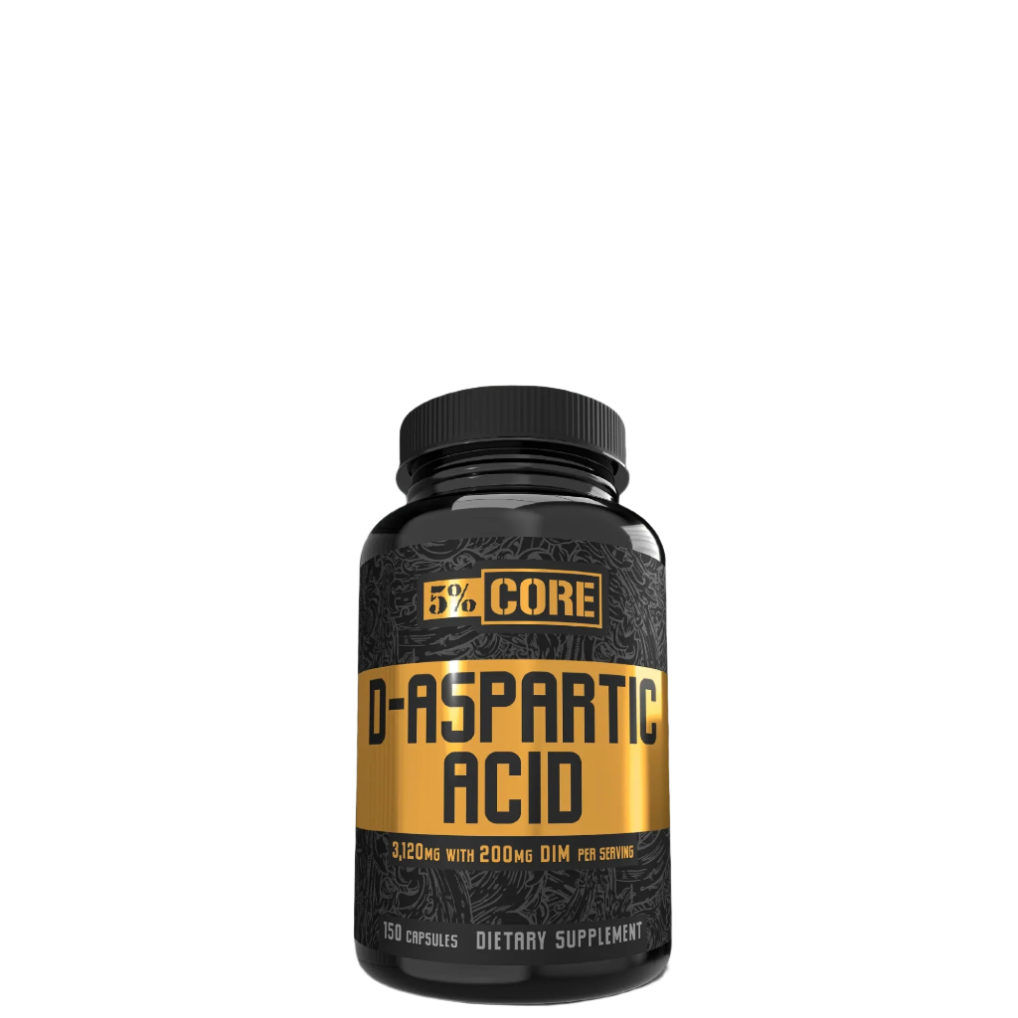 A bottle of 5% Nutrition Core D-Aspartic Acid dietary supplement against a black background.