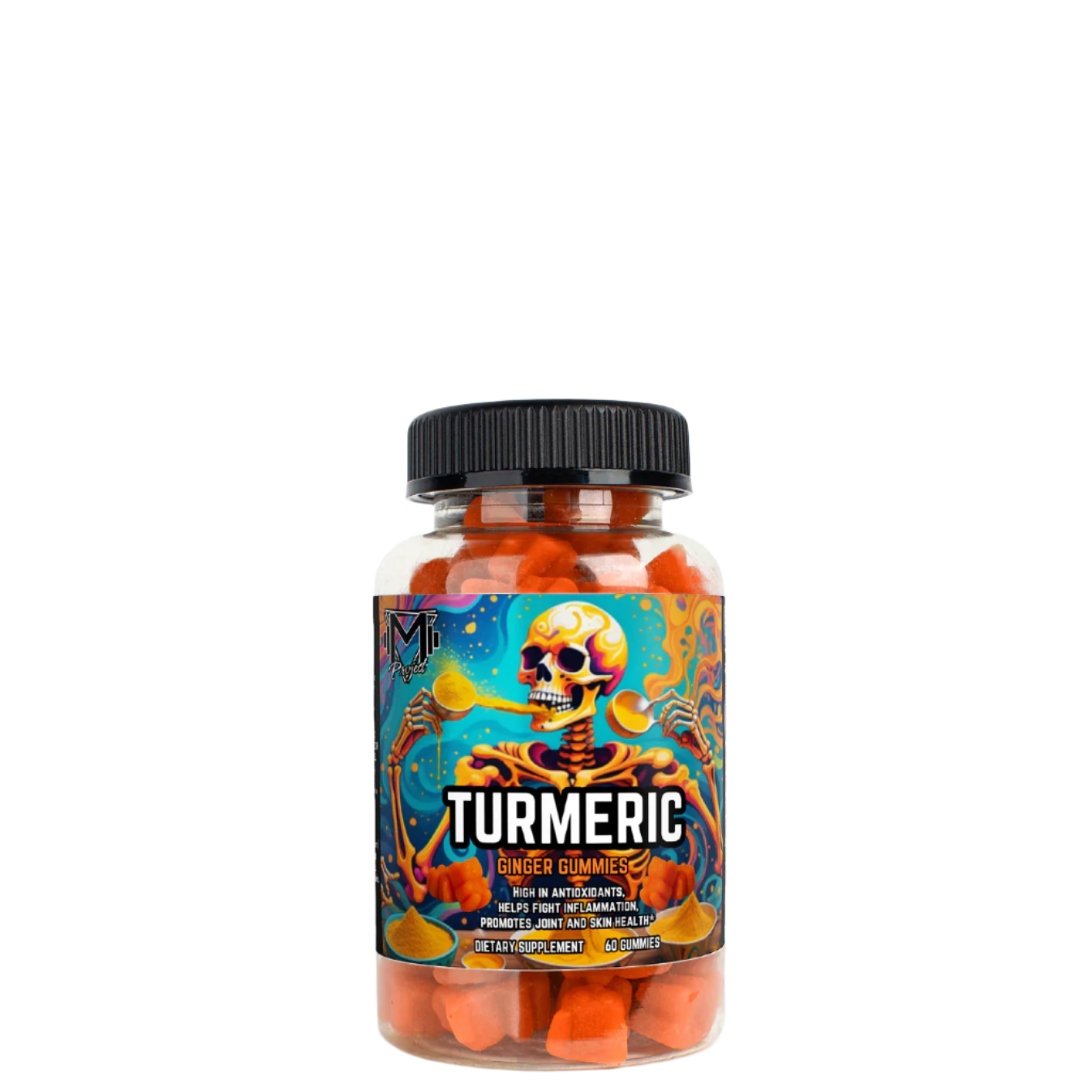 A bottle of Turmeric Gummies by Project M with decorative skeleton illustration.