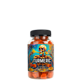A bottle of Turmeric Gummies by Project M with decorative skeleton illustration.