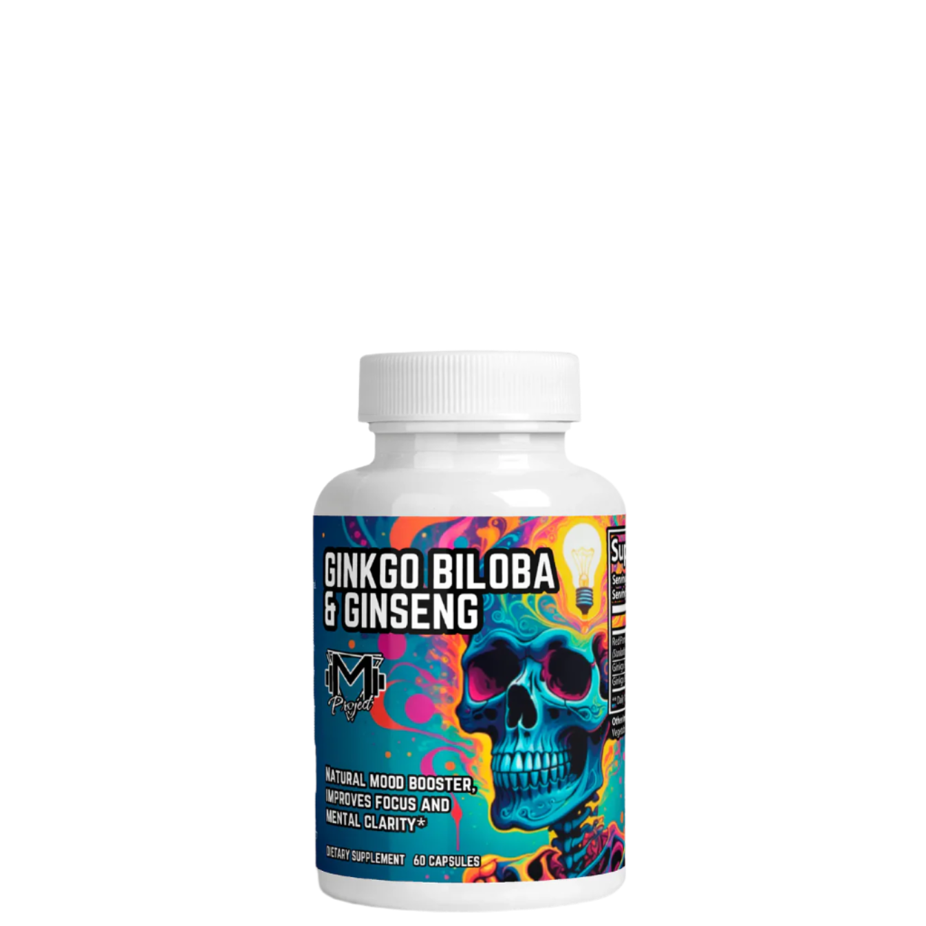 Supplement bottle with colorful skull design on white background