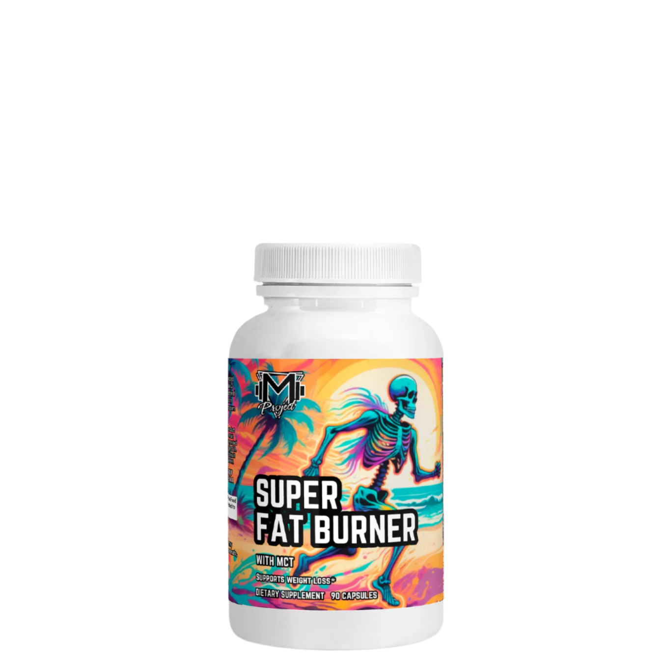 A bottle of Super Fat Burner supplement by Project M with colorful graphics and text on the label.