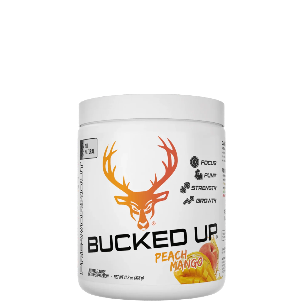 A container of Bucked Up All Natural Pre-Workout powder in Peach Mango flavor.