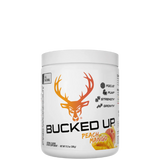 A container of Bucked Up All Natural Pre-Workout powder in Peach Mango flavor.