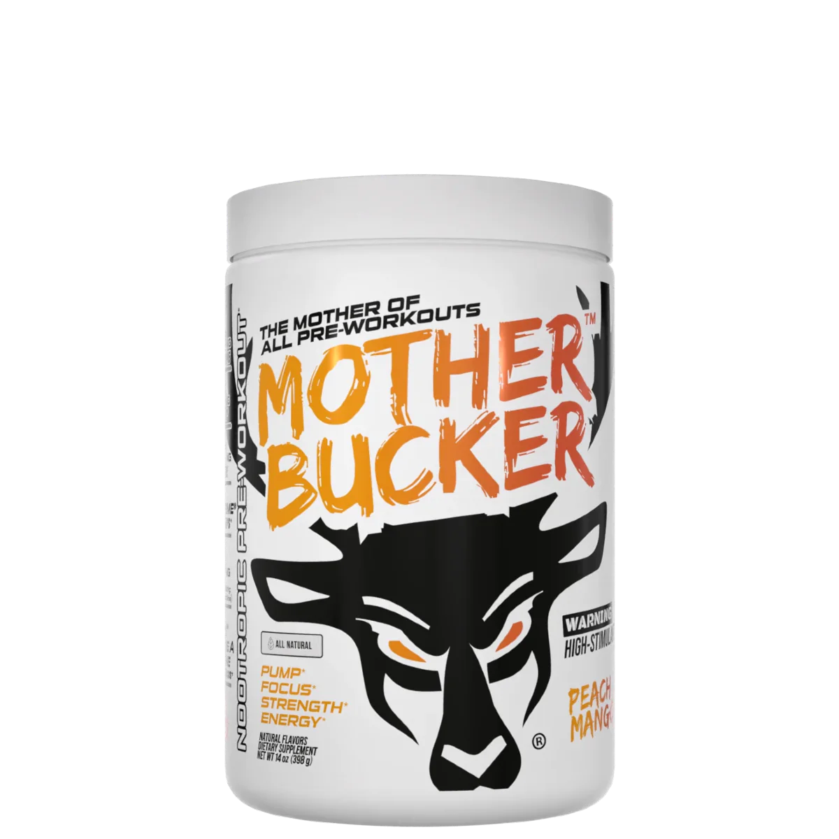 A container of Bucked Up Mother Bucker All Natural Pre-Workout powder in Peach Mango flavor.