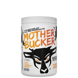 A container of Bucked Up Mother Bucker All Natural Pre-Workout powder in Peach Mango flavor.