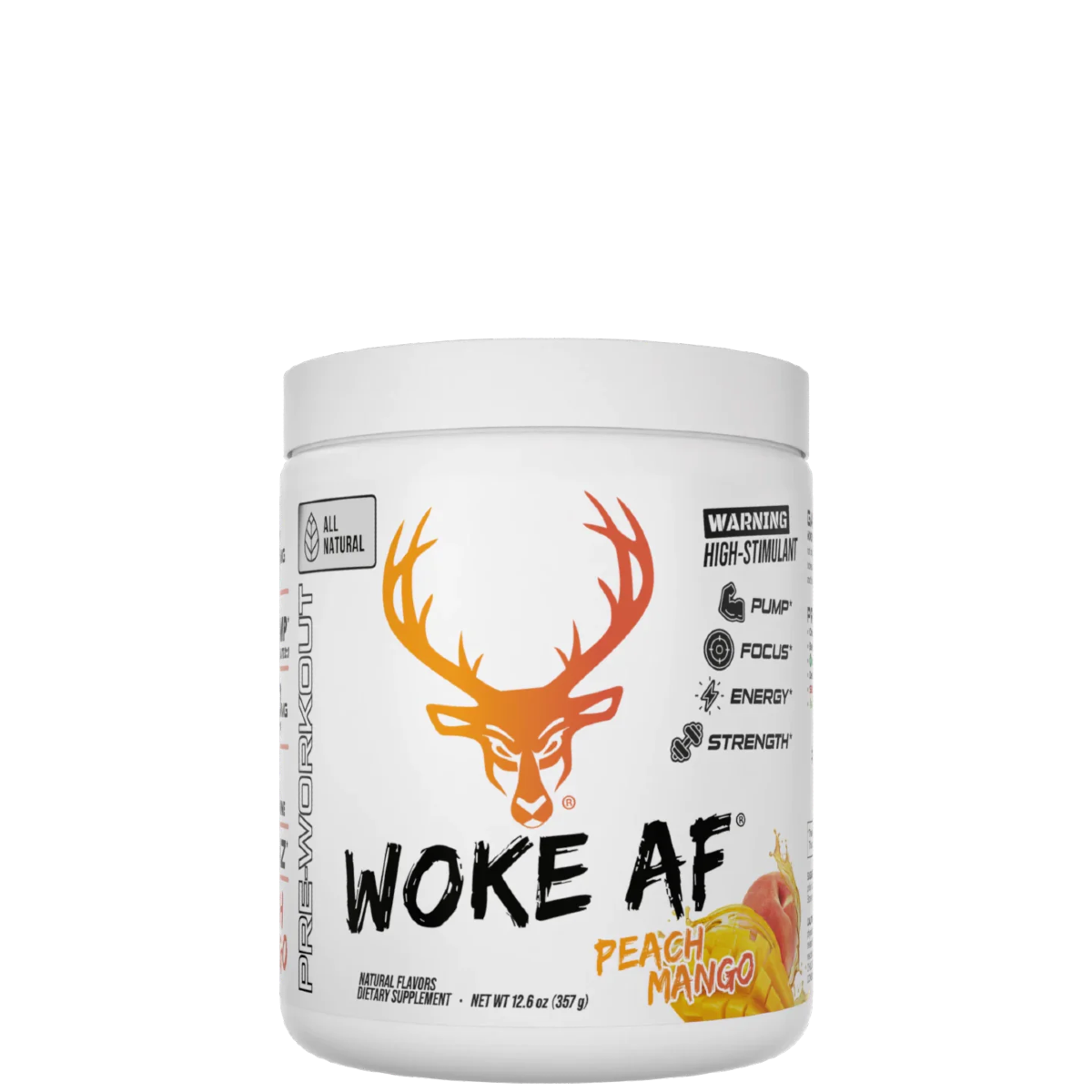 Container of WOKE AF All Natural Pre-Workout in Peach Mango flavor with a deer logo and product benefits listed