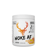 Container of WOKE AF All Natural Pre-Workout in Peach Mango flavor with a deer logo and product benefits listed