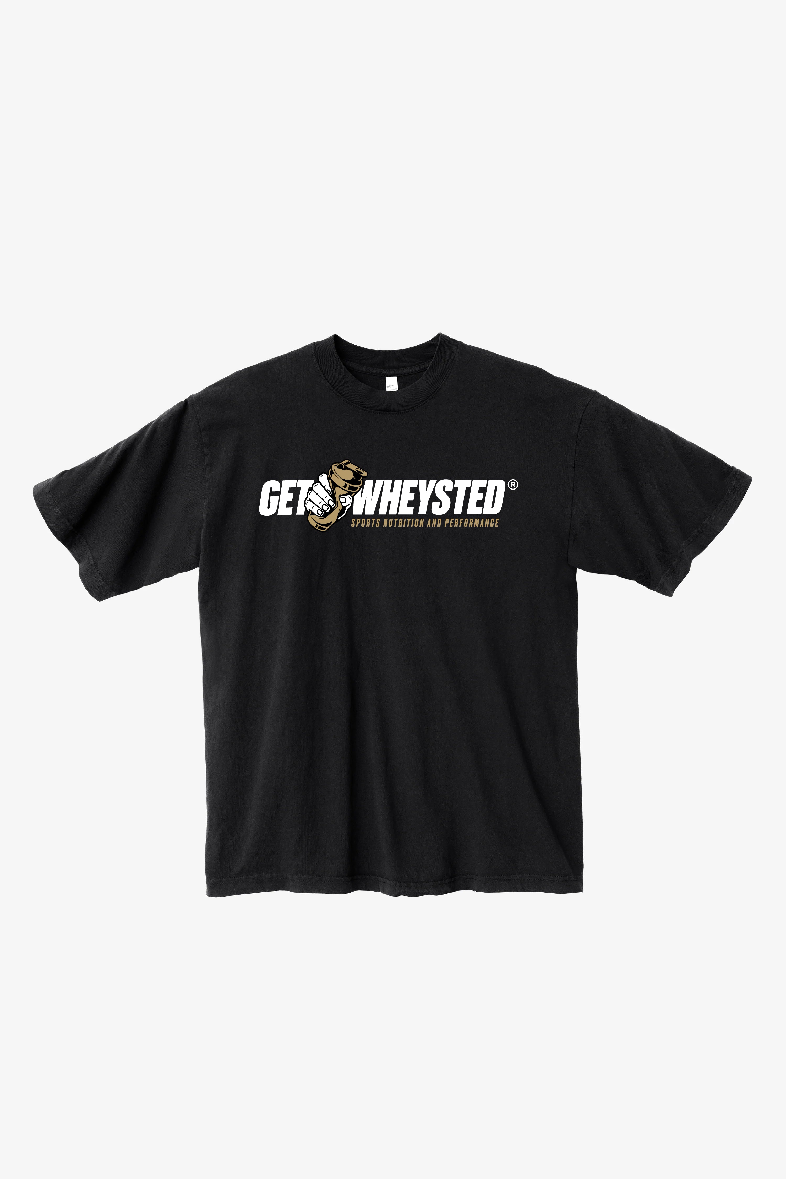A black crew neck T-shirt with the text 'GET WHEYSTED' printed on the front.