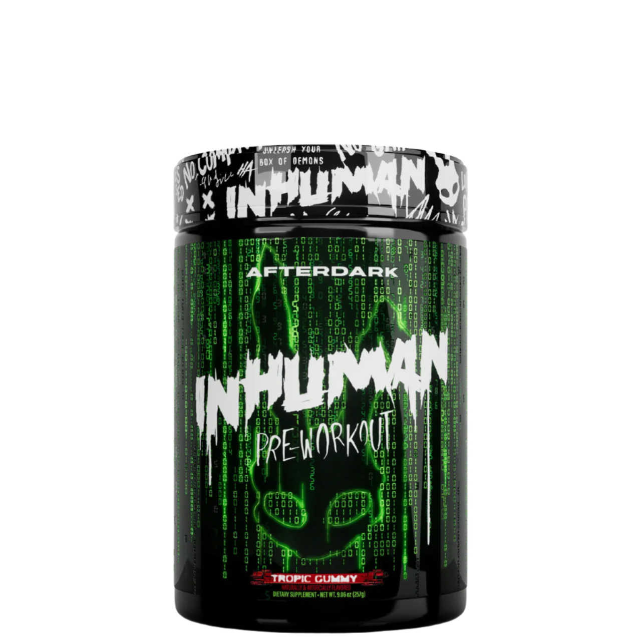 A container of Afterdark Inhuman Pre-Workout with a black and green design, indicating a tropical gummy flavor.